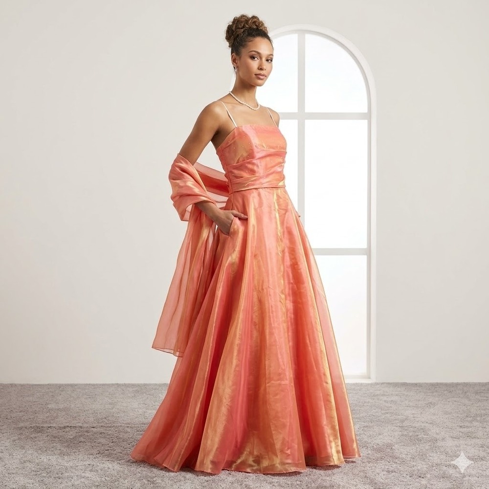 Vtg Aspeed Formal Dress Prom 3XL Orange Fairycore Gala Iridescent Strapless Gown